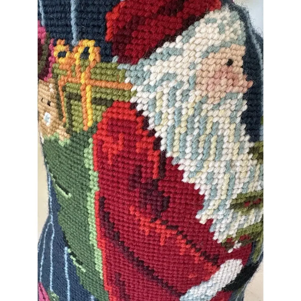 Vtg Handmade Needlepoint Santa Red Weighted door stop Cushion Shelf Decor